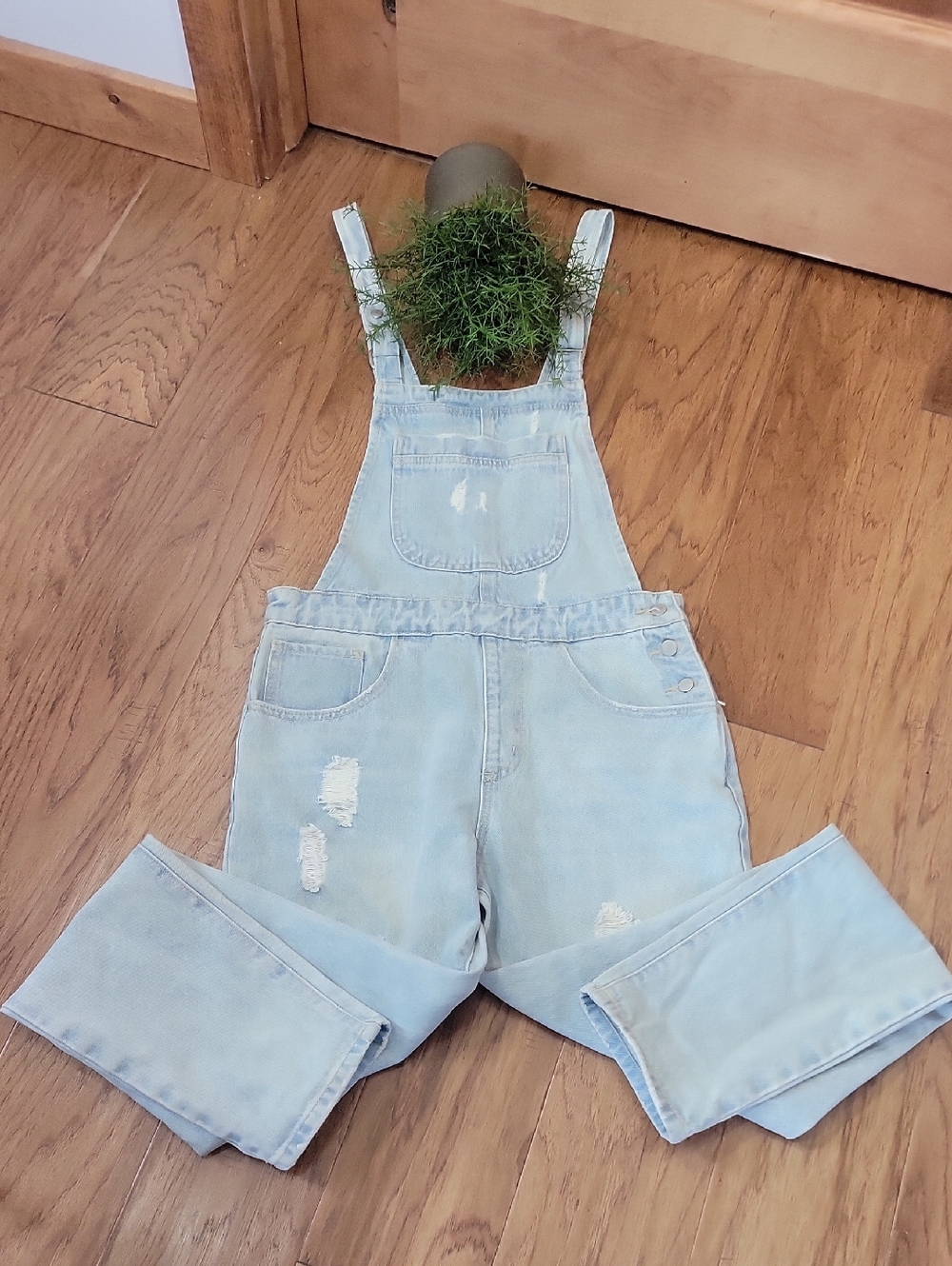 Light Wash Distressed Denim Overalls - Picture 7 of 15